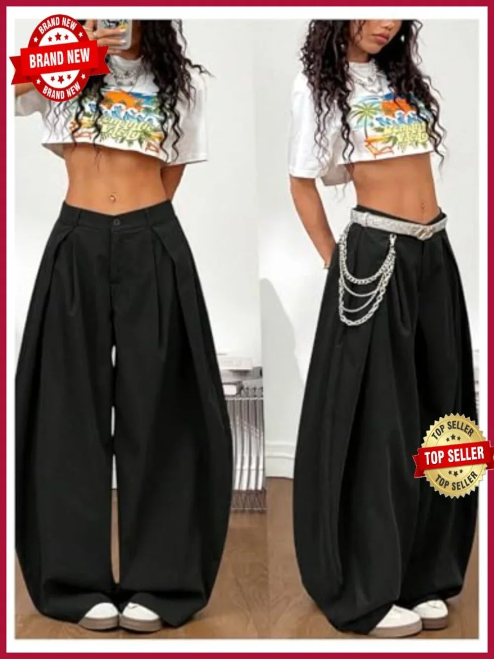 Women's Pleated Wide Leg Cargo Pants, High Waist Baggy Y2K Trousers, Business